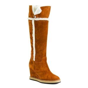 Made In Italy Suede Knee high Tall Long Wedge Heeled Boots Cognac | US 9 EU 39